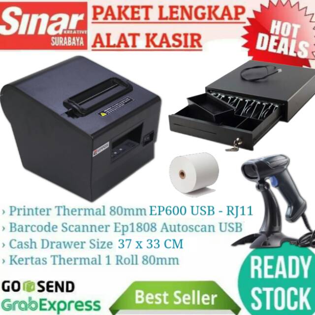 

PAKET ALAT KASIR Printer Thermal 80mm-Laci Kasir 37x33cm-Barcode Scan-Kertas Thermal 1 Roll