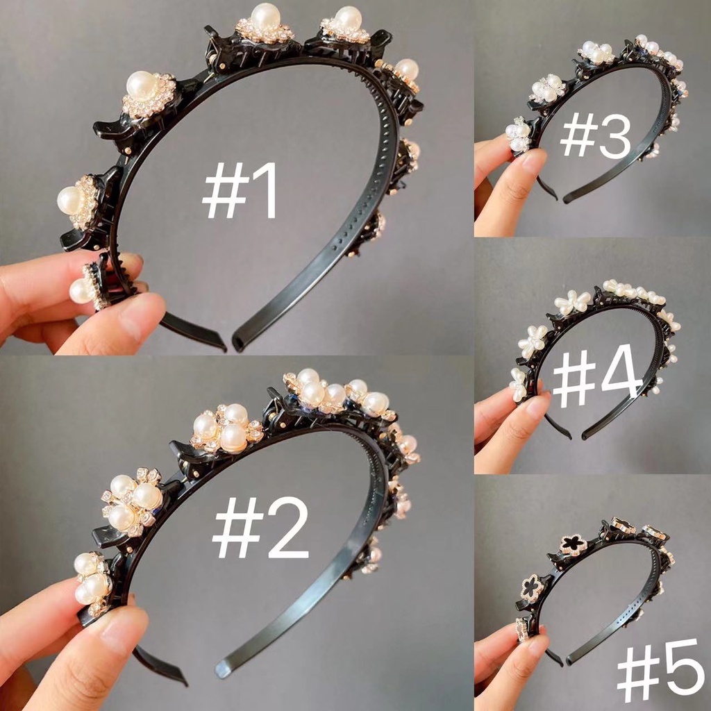 Bando kepang korea jepit rambut multi layer aklirik plastik elastis polos manik berlian jepitan unik