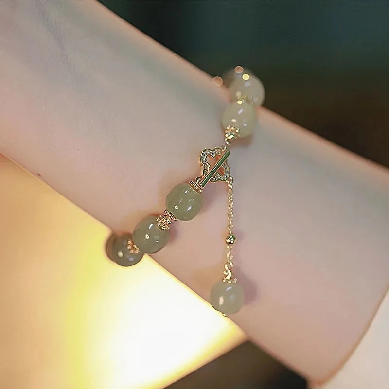 Gelang Tangan Manik-Manik Giok Hetian Imitasi Aksen Daun Clover + Mutiara + Zircon Untuk Perhiasan Wanita