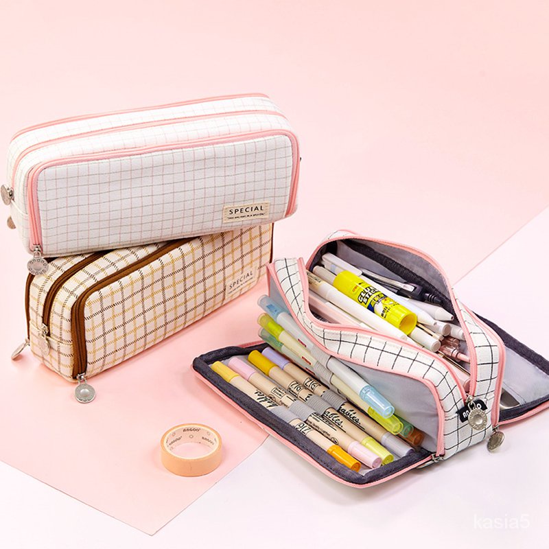 

Angoo Dual Side Open Pen Case Pencil Bag 3 Compartments Multi Color Grid Dots Pocket Storage Pouch S
