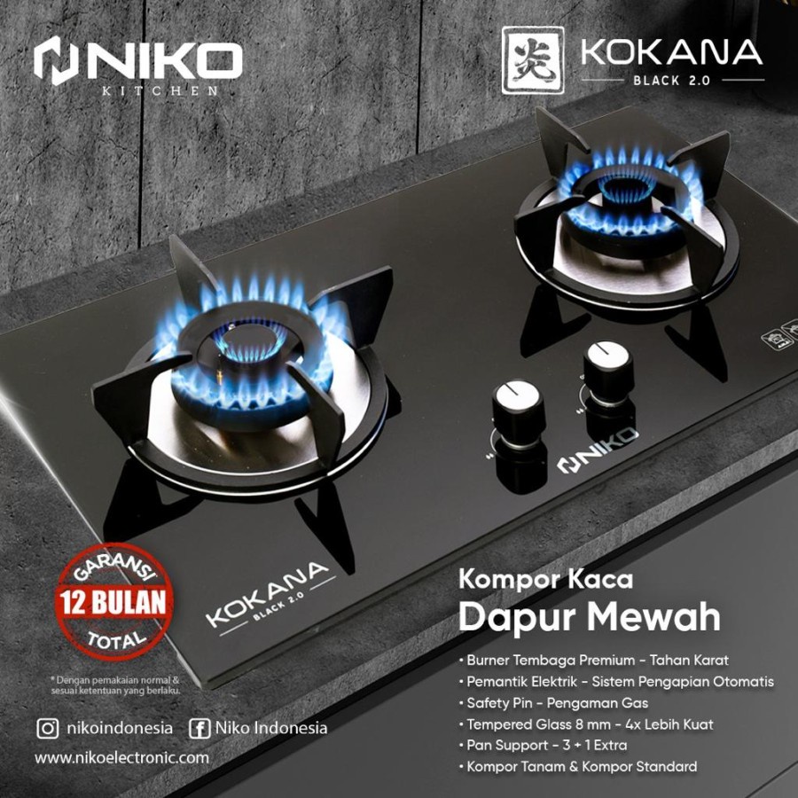 NIKO kompor Gas Kaca Tanam 2 Tungku Kokana Black 2.0 - Garansi Resmi 1 Tahun