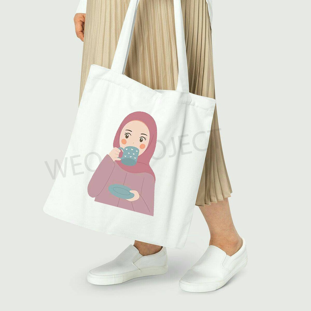 TOTE BAG KANVAS MURAH / TOTE BAG WANITA / TOTE BAG MOTIF ILUSTRASI HIJAB PART