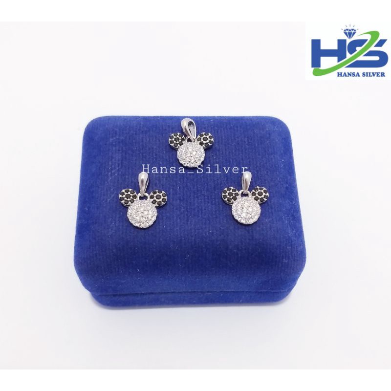 Liontin Perak Asli Silver 925 Lapis Emas Putih Model Mickey Mouse Permata Hitam Putih