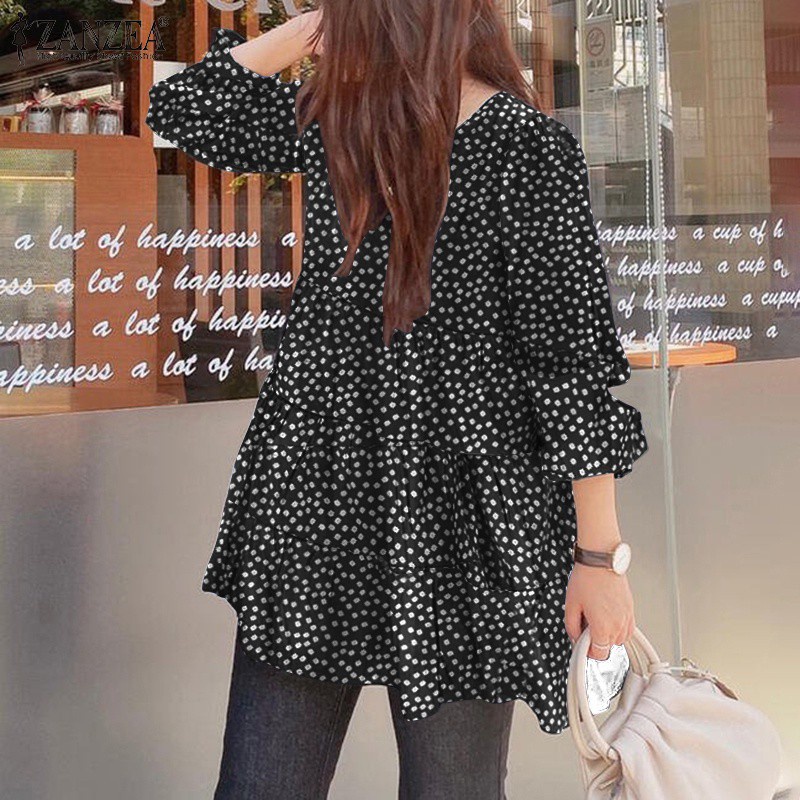 ZANZEA Women Long Sleeve O-Neck Back Buttons Printing Spliced Pleated Loose Blouse