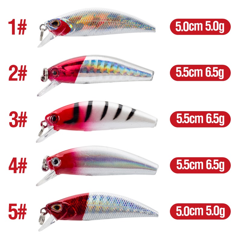 5pcs / Kotak Umpan Pancing Ikan Minnow 5g / 6.5g Bahan Plastik Keras 5 Warna