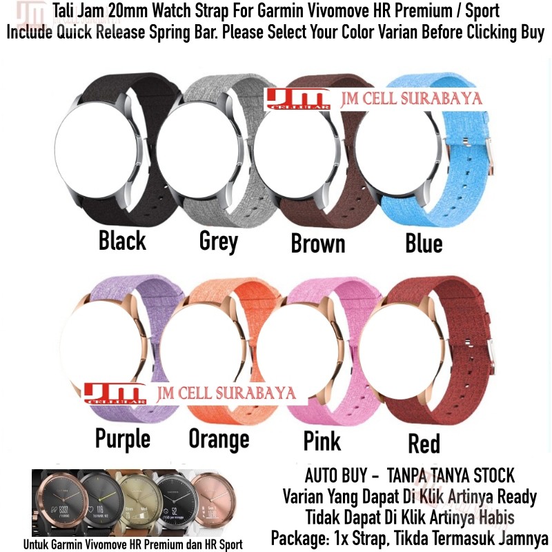 Tali Jam 20mm Watch Strap Garmin Vivomove HR Premium Sport 43mm - Woven Fabric Nylon Kanvas