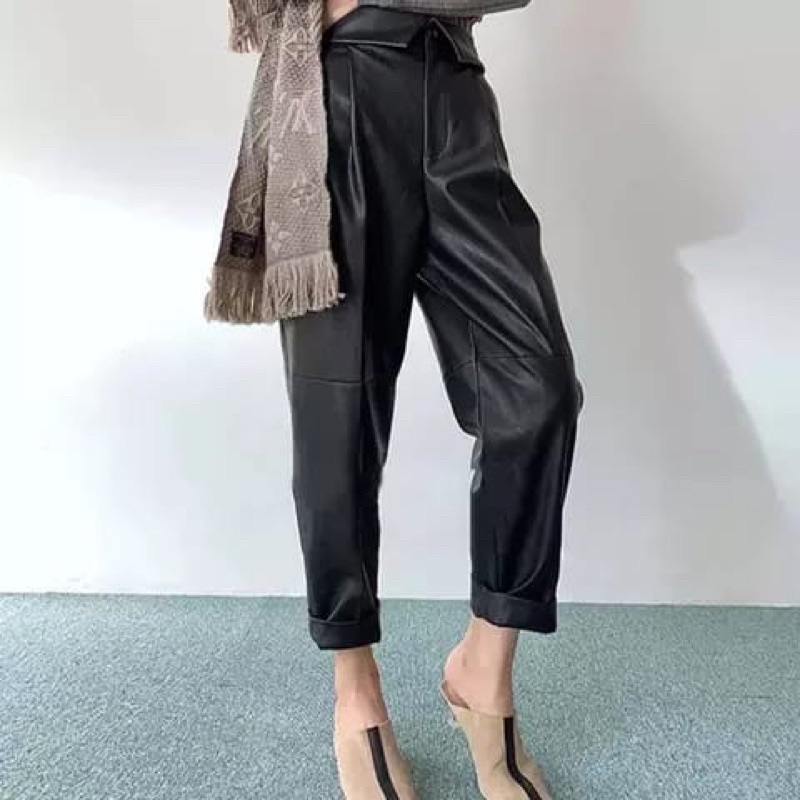 Celana Kulit Wanita / Leather Pants folding collar waist