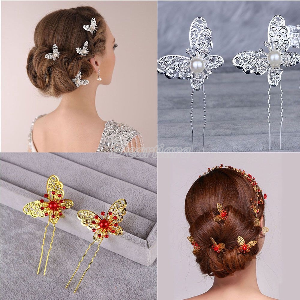 The Bride Accessories Butterfly Fork Sparkling Silver Pearl Hairpin Wedding