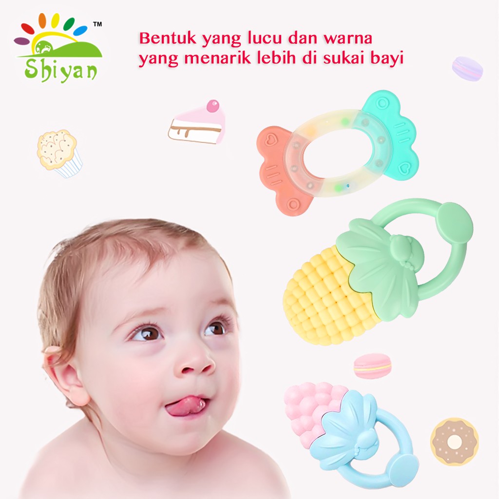 [Shiyan] mainan bayi edukasi shaking bell dan toy teether dengan bahan silikon dan plastik aman Varian Random