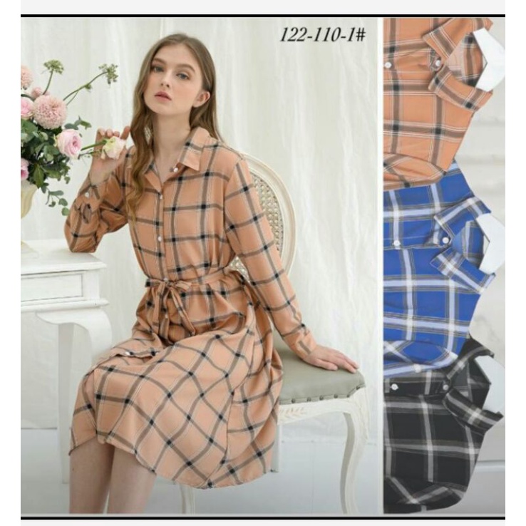 TUNIK MOTIF KOTAK IMPORT TALI LEPAS BAHAN ADEM