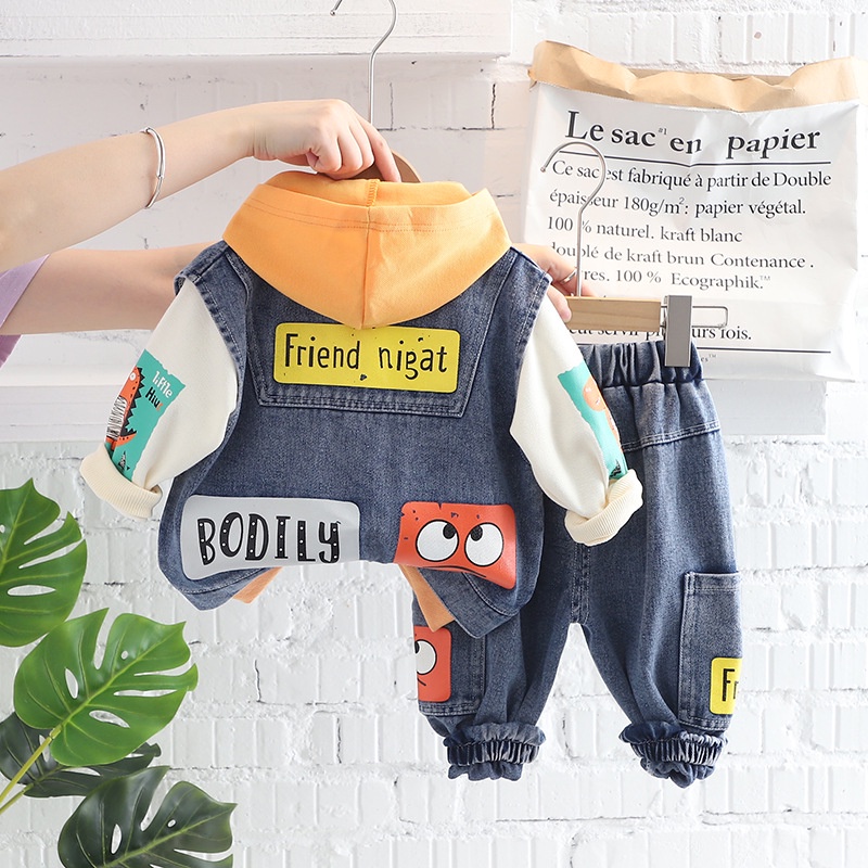 Setelan Anak Laki Laki Import 3pcs Pakaian Set Anak Rompi Jeans Hoodie Sweater Celana Jeans Import