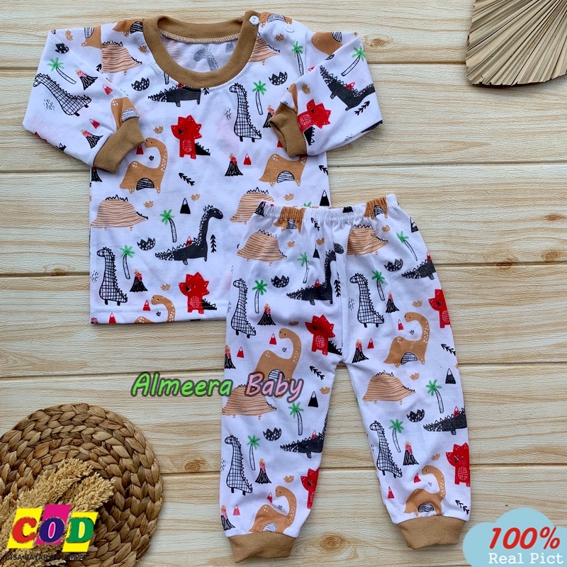 Setelan Piyama Bayi Baju Bayi Lengan Panjang Motif Dino Anak Usia 3-12 Bulan Kancing Bahu Almeera Baby and Kids