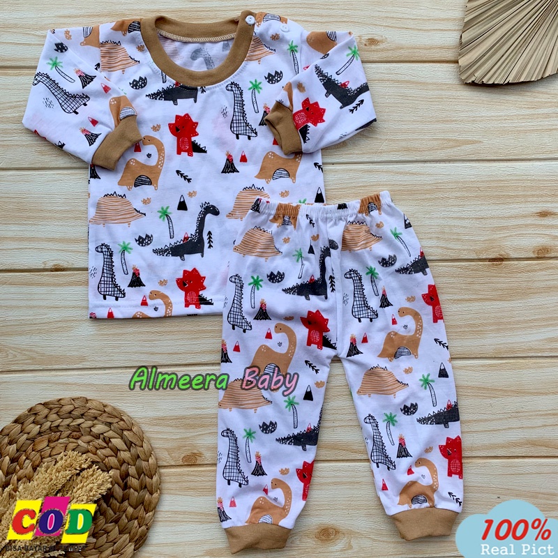 Setelan Piyama Bayi Baju Bayi Lengan Panjang Motif Dino Anak Usia 3-12 Bulan Kancing Bahu Almeera Baby and Kids