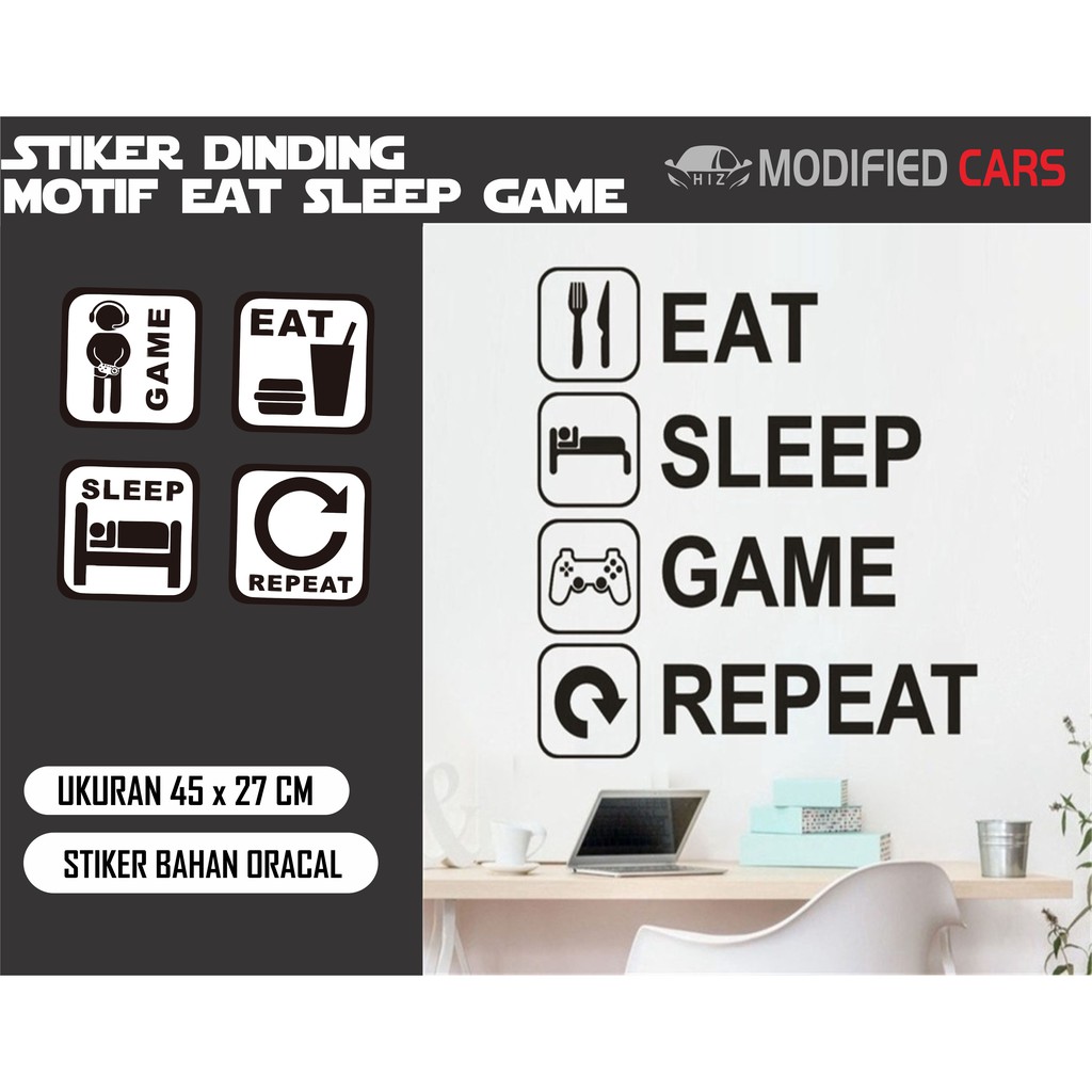 Stiker Dinding Motif Tulisan Eat Sleep Game