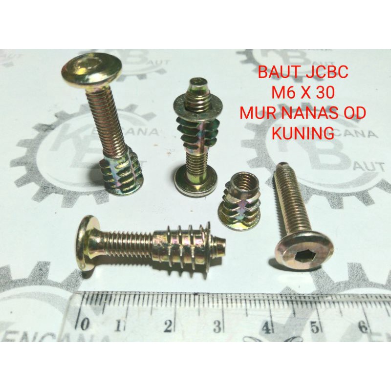 BAUT JCBC M6 X 30 DAN MUR NANAS OD KUNING KUNCI L4 PANJANG 3 CM
