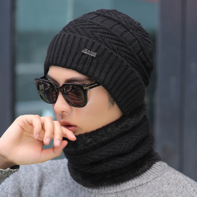 Kupluk topi beanie wool winter hat dengan scarf musim dingin JEANS