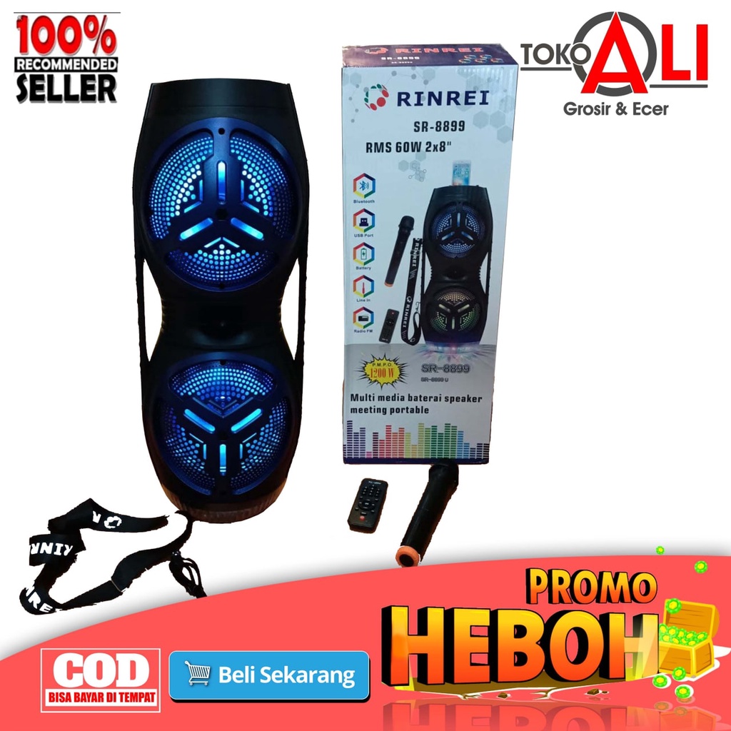 Speaker Portable RINREI SR 8899 (8 in x 2) SUPER BASS +  FM RADIO + BONUS MIC