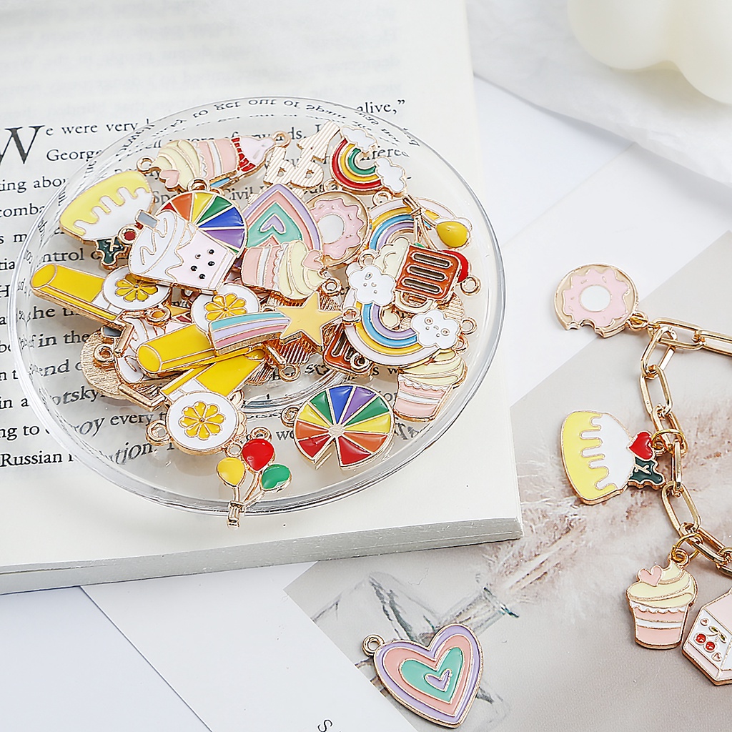 4pcs Warna Cream Enamel Alloy Metal Charms Bunga Tanaman Bintang Liontin Warna Pelangi Untuk Gelang Anting Perhiasan DIY Aksesoris