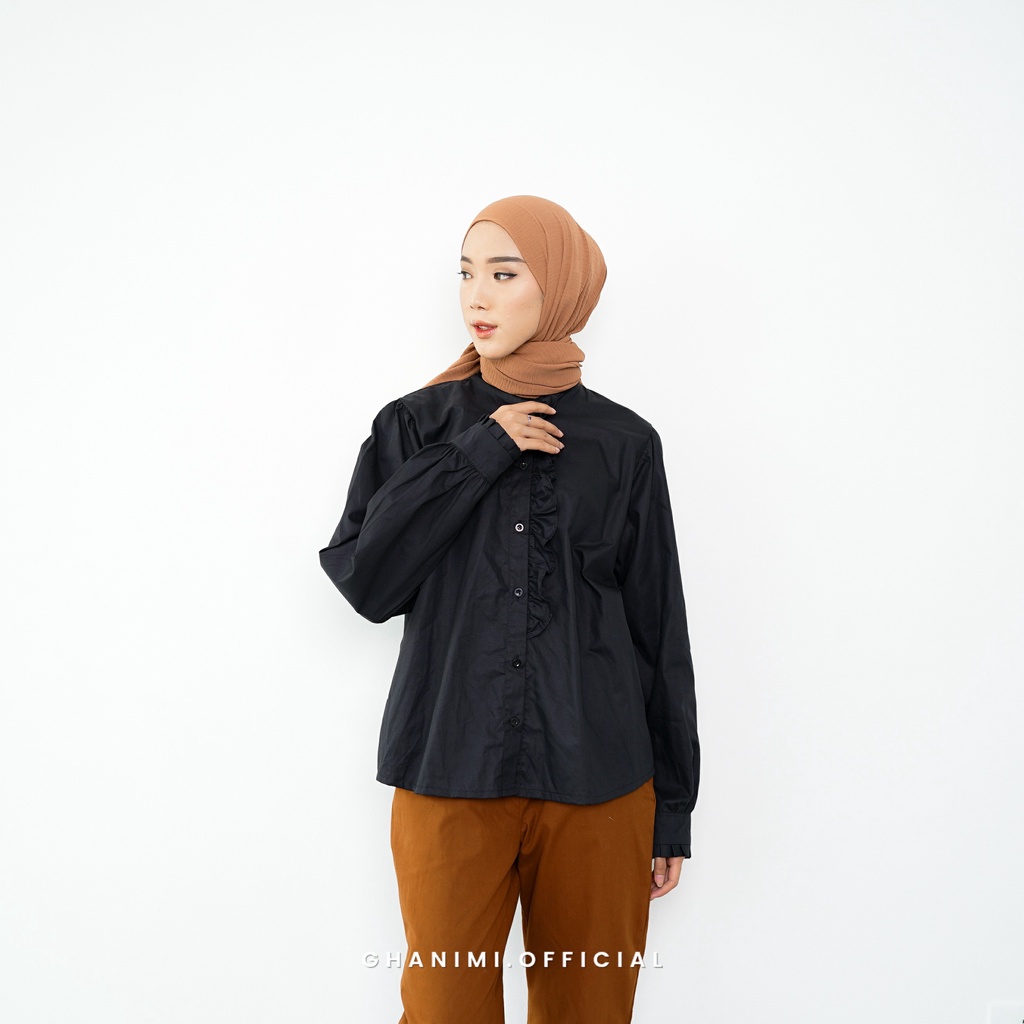 Ghanimi - Merisa Shirt / Kemeja Panjang Basic Wanita / kemeja kerja casual formal lengan panjang wudhu friendly / atasan kemeja kancing ruffle polos simple murah