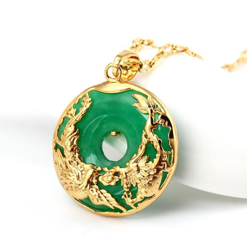 Chinese Style Mythical Animal Green Chalcedony Necklace/ Gold Color Dragon Phoenix Jade Pendant Necklace/ Lucky Circle Clavicle Necklace/ Amulet Jewelry Accessories Gifts