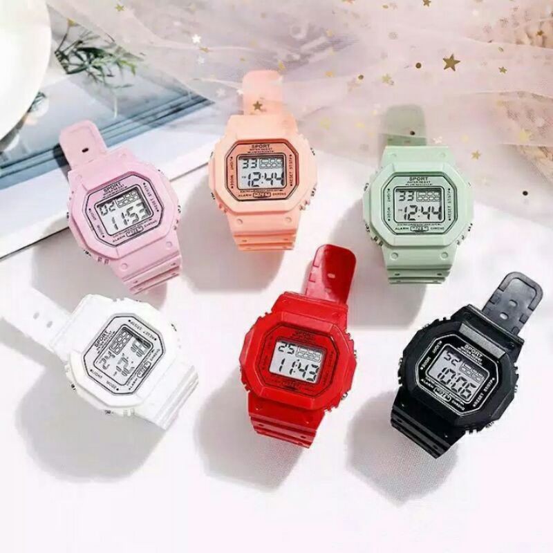 JAM TANGAN WANITA RUBBER DIGITAL SEGI DW 5600 BUNGA KARET GROSIR MURAH