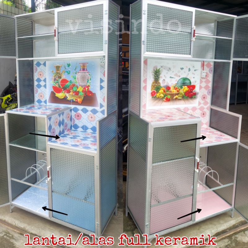 rak piring alumunium keramik kaca 2 pintu legok full keramik