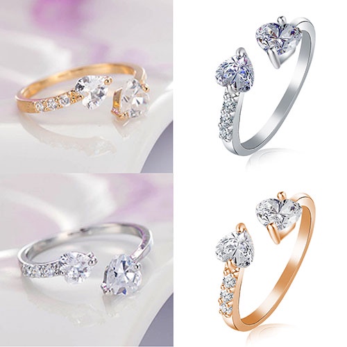 Hu Hu Hu Hu Hu Alat Bantu Pasang Kacamata♡ Cincin Open Ring Desain Hati Dobel Bahan Tembaga Hias Zirkon Untuk Wanita