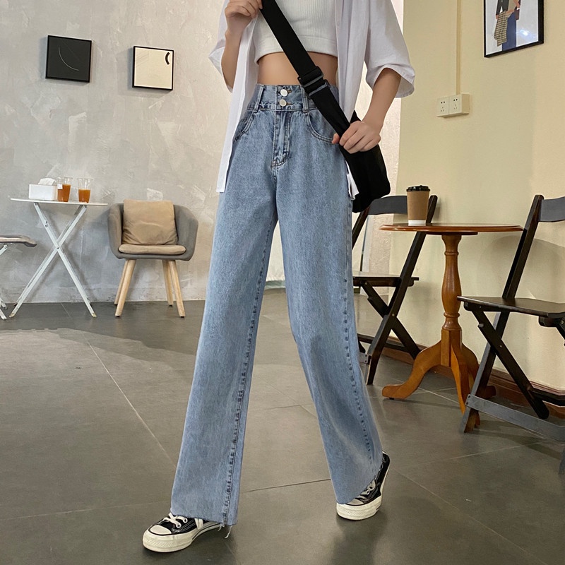 Celana Jeans Wanita High Waist Straight Pants Korean Style Celana Panjang