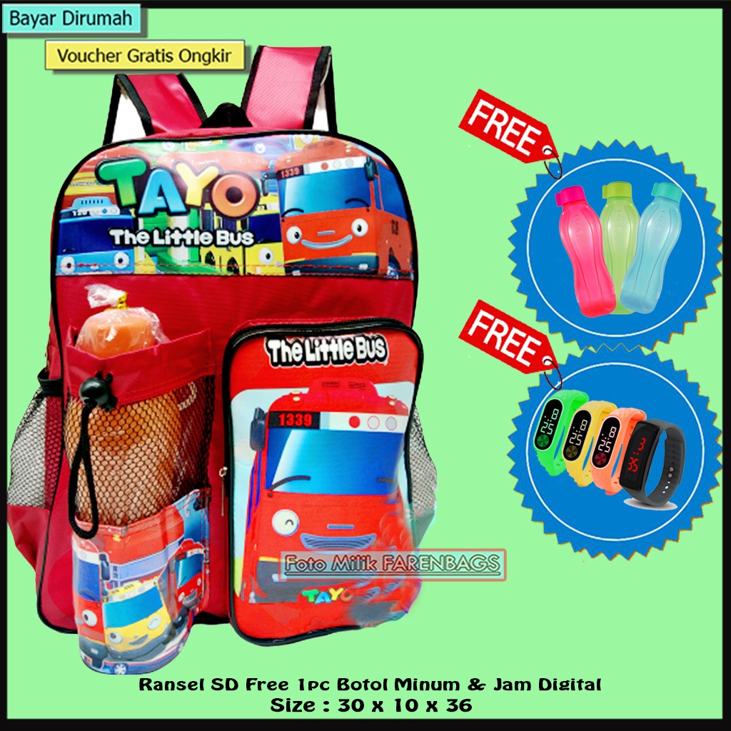 Tas Sekolah Anak TK - SD Free Botol Minum &amp; Jam Tangan mainan  Ransel gambar kartun Anak Laki-laki