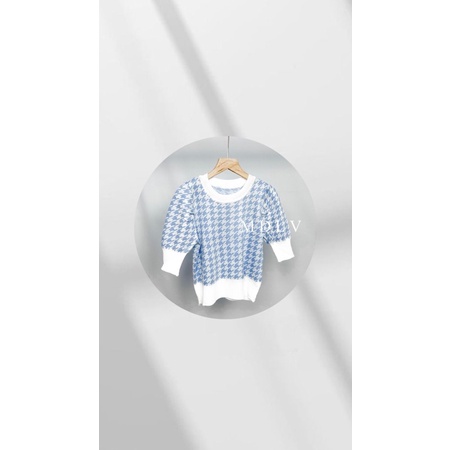 MDLV ~ 6392# Houndstooth Knit Cropped Top Atasan Rajut Motif Houndstooth Fashion Import
