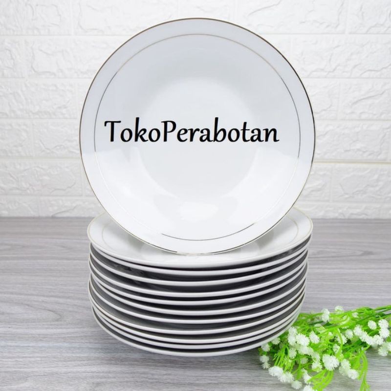 Piring Makan Keramik HW 9 inchi (lis emas) /lusin - Putih