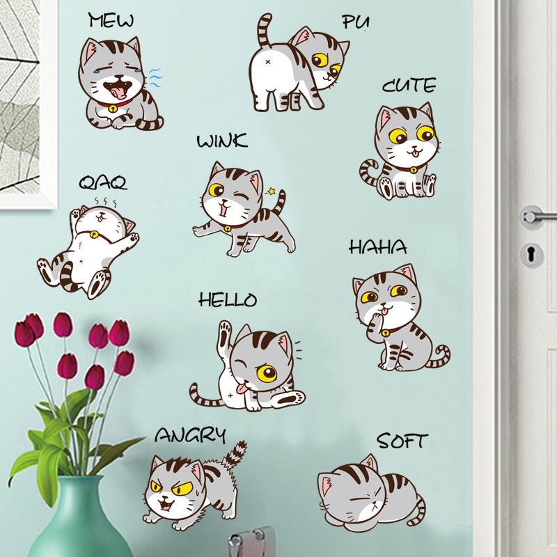 Stiker Dinding Bahan PVC Tahan Air Gambar Kartun Kucing Ukuran 60x30cm Untuk Dekorasi Kamar Anak