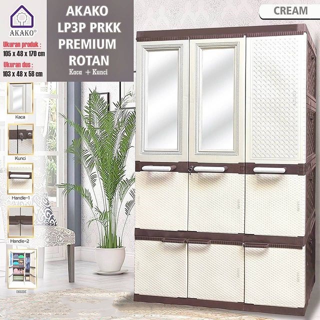 JUMBO LEMARI PLASTIK AKAKO ELEGANT 3 PINTU KACA LP3EP PREMIUM LEMARI GANTUNG KACA FULL KUNCI