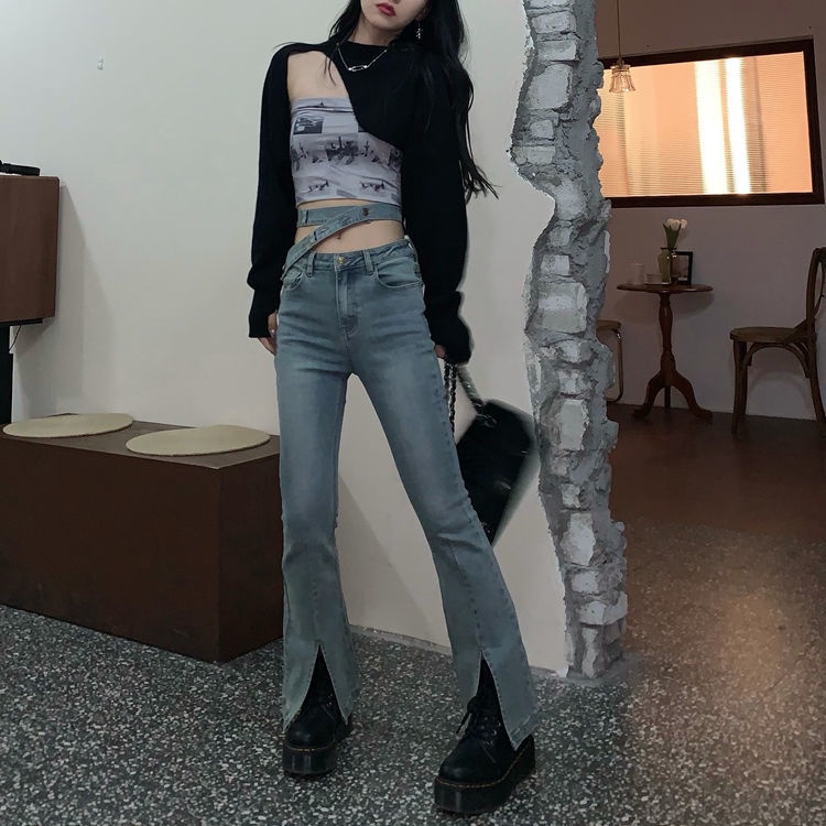 celana jeans high waist wanita slit micro flared high waist jeans women s leg length mopping pants