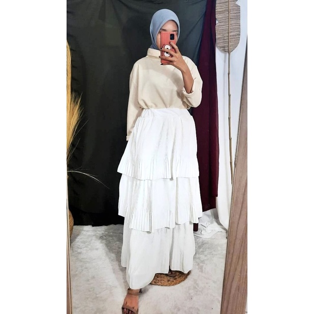 Rok Panjang Susun BrokenWhite Kekinian Koreanstyle Murah Lingkar 50-100cm Panjang 90cm