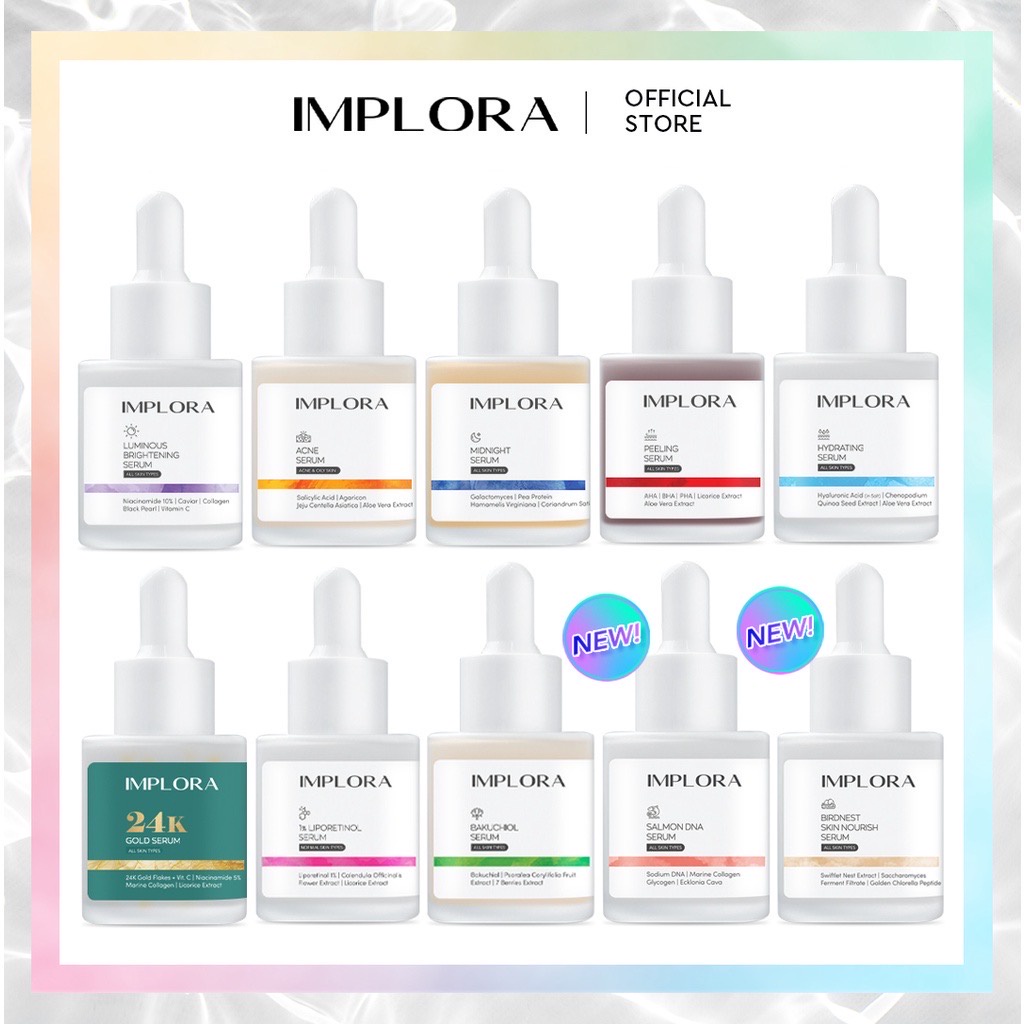 IMPLORA Face Serum Indonesia / Luminous Brightening Acne Midnight Peeling Hydrating 24K Gold Bakuchiol 1% Liporetinol Retinol / Facial Wash Essence Toner Day Night Eye Cream Sunscreen Mask Masker Lipstick Cheek Lip Tint Cream Kutek Nail Polish Paket Set