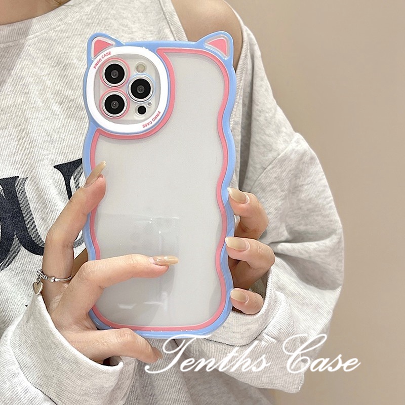 IPhone 14 13 12 11 Pro Max X XR Xs Max 8 7 6 6s Plus SE 2020 Soft Case Bening Desain Telinga Kucing Gelombang Warna-Warni Untuk