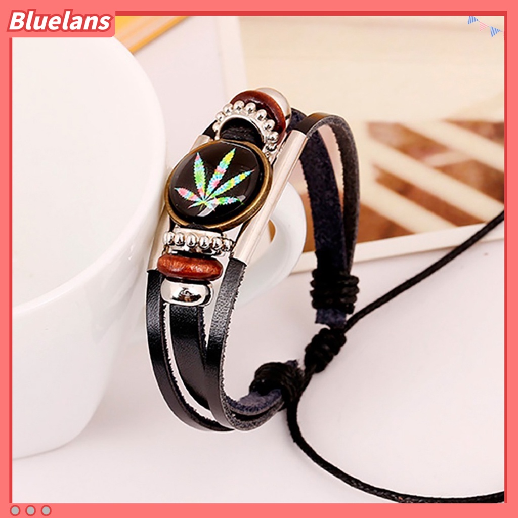 Bluelans Punk Unisex Maple Leaf Beads Faux Leather Wristband Jewelry Party Club Bracelet