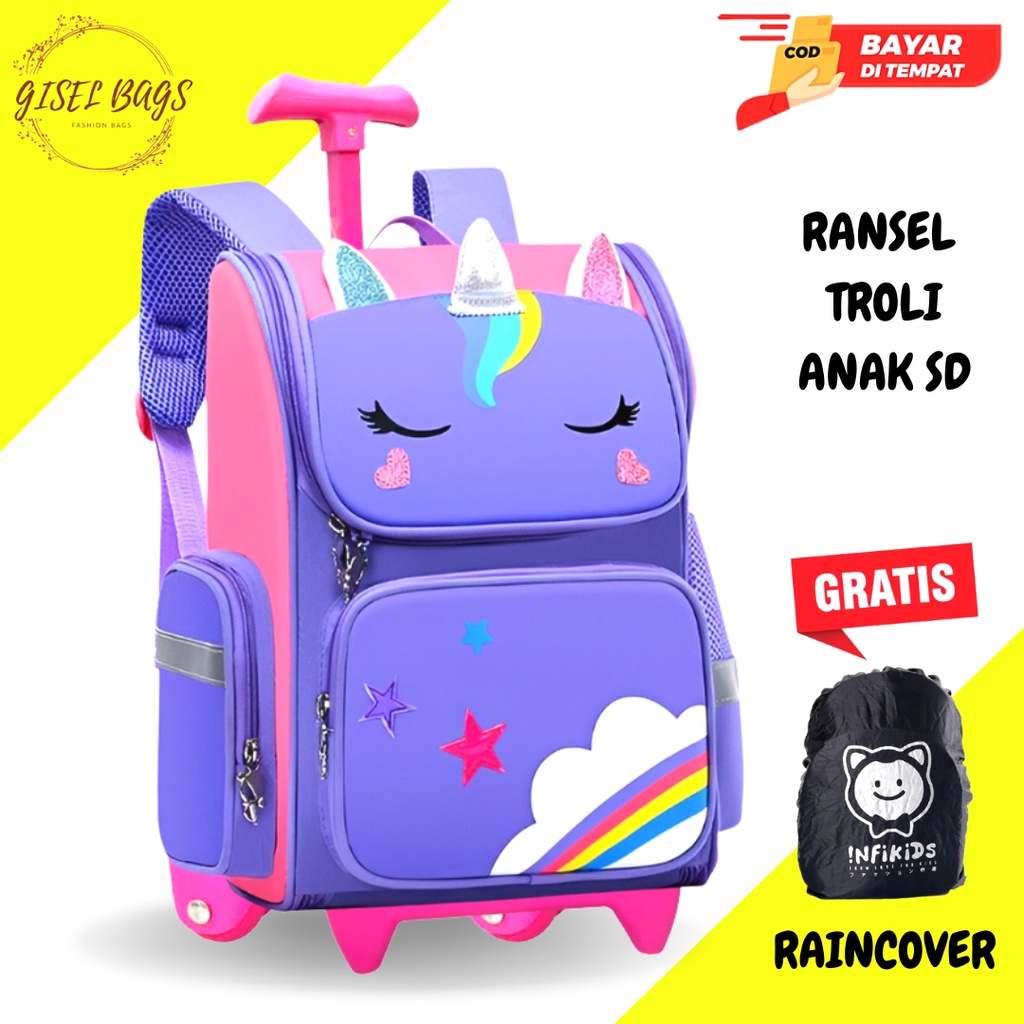 GB Tas ransel troli anak perempuan gambar unik dan lucu gratis jas hujan tas tas anak import