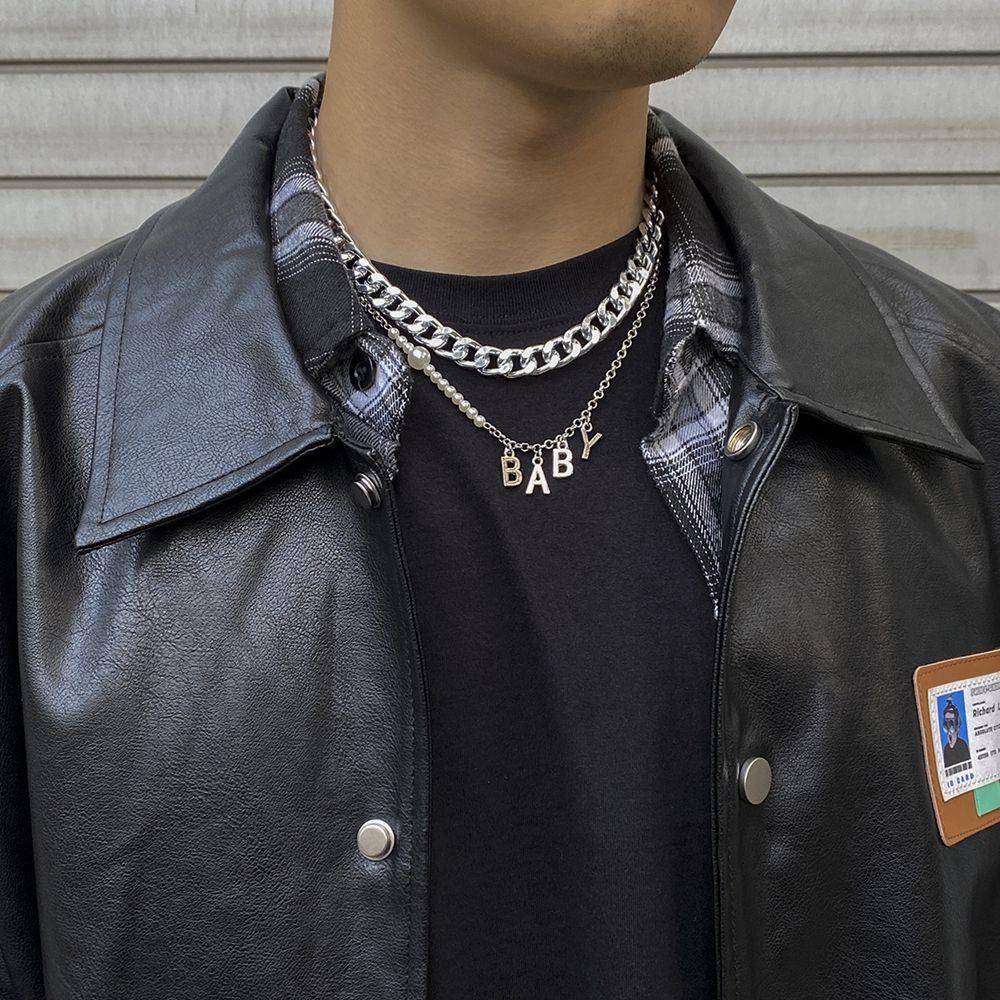 Mxbeauty Pria Kalung Hip-hop Sederhana Perempuan Klavikula Rantai Bayi Huruf Mutiara Kalung Punk Kalung Wanita Klavikula Rantai