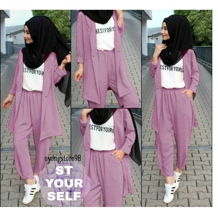 Setean Wanita Remaja Lilac Kekinian Modis Terbaru 2022 Set self Lebaran Cardigan 3in1 bhn babytery