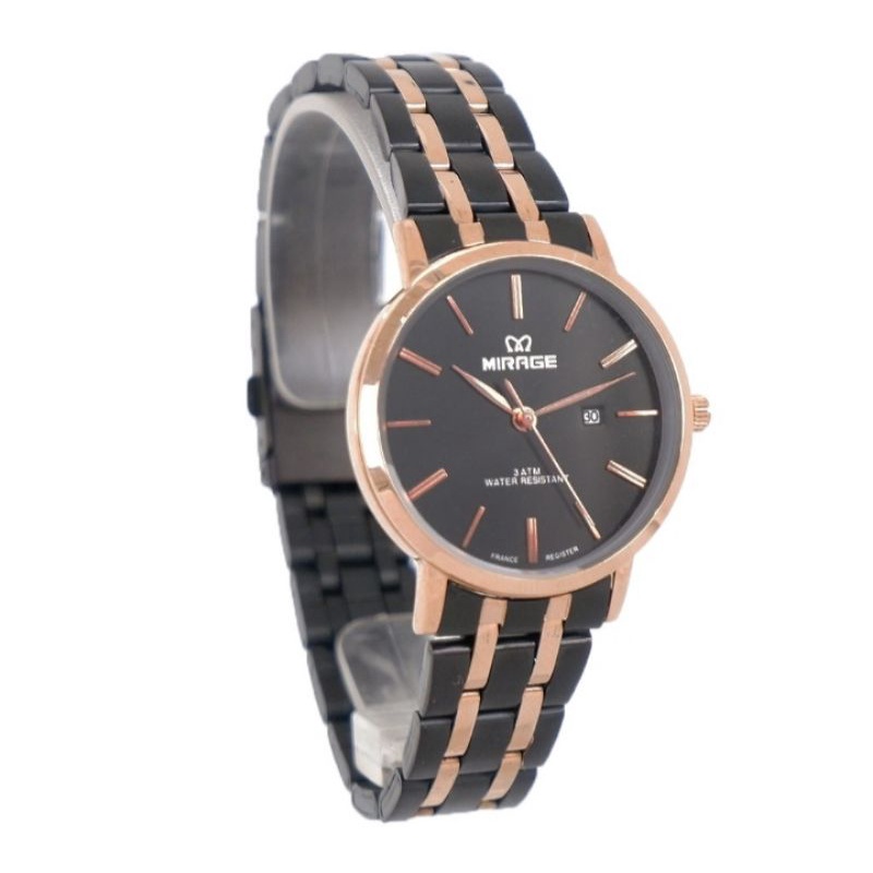 jam tangan wanita;MIRAGE 8734Brp-L hitam rosegold~ORIGINAL WATER RESISTANT~TGL~STAINLESS ANTI KARAT