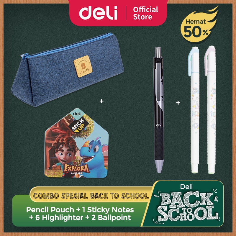 

[ DELI Back to School COMBO HEMAT 3 ] Tempat Pensil, Sticky Notes, Highlighter, Pulpen