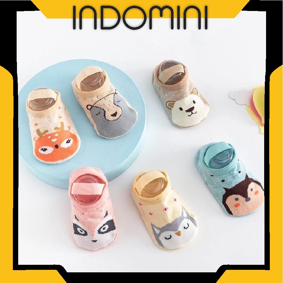 INDOMINI KAOS KAKI ANKLE DENGAN STRAP MOTIF KARTUN HEWAN BAHAN KATUN ANTI SLIP UNTUK BAYI NEW R307