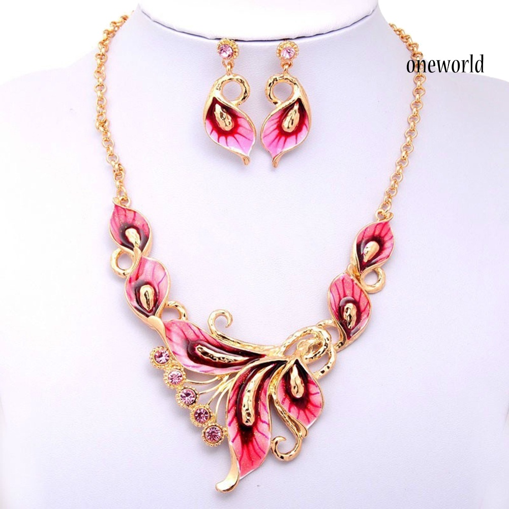 OW@ Women Enamel Flower Charm Rhinestone Stud Earrings Chain Necklace Jewelry Set