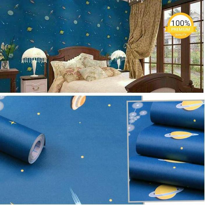 ZWQ Wallpaper Stiker PLANET BIRU Walpaper Dinding Kamar Tidur Anak Cowok Plafon Atap Langit Rumah Mu