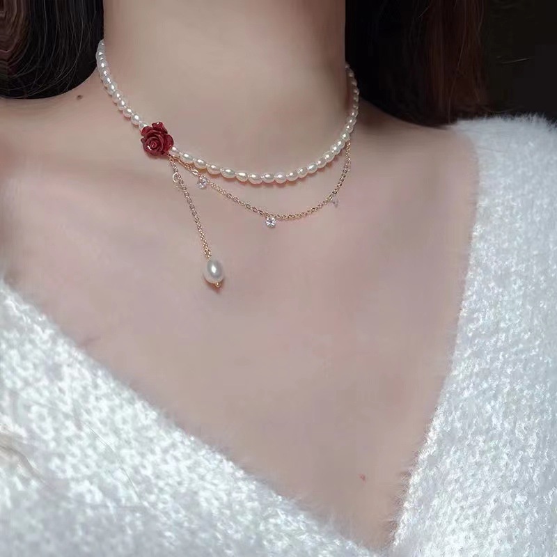 Kalung Rantai Dengan Liontin Bunga Mawar Merah + Mutiara + Berlian Imitasi Untuk Wanita