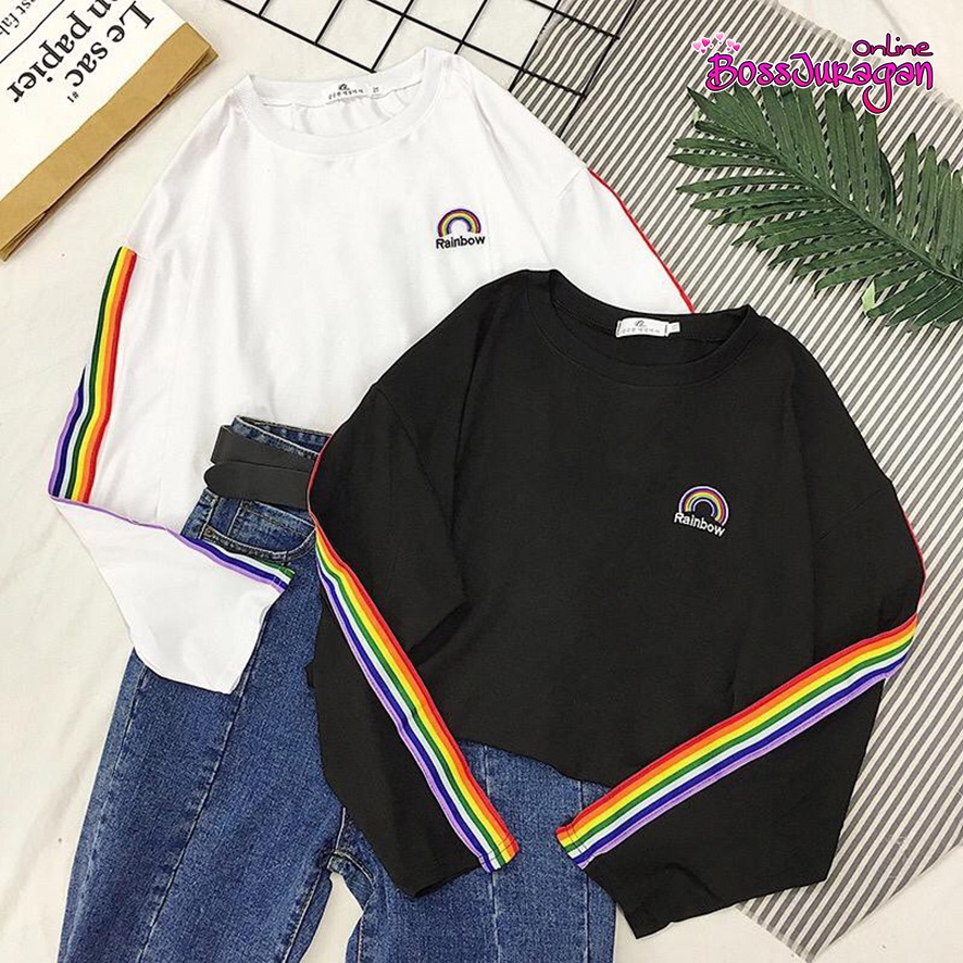 (BOSS) BAJU RAINBOW LENGAN PANJANG - BAJU KAOS LENGAN PANJANG RAINBOW -  T-SHIRT KOREAN STYLE