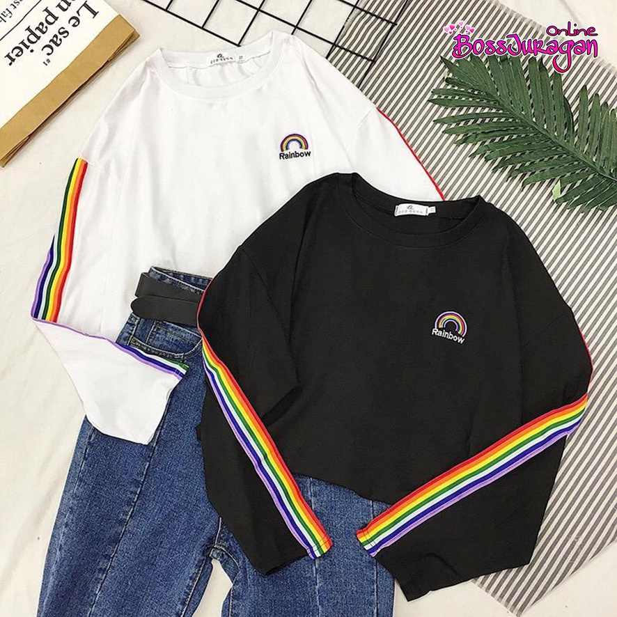 (BOSS) BAJU RAINBOW LENGAN PANJANG - BAJU KAOS LENGAN PANJANG RAINBOW -  T-SHIRT KOREAN STYLE