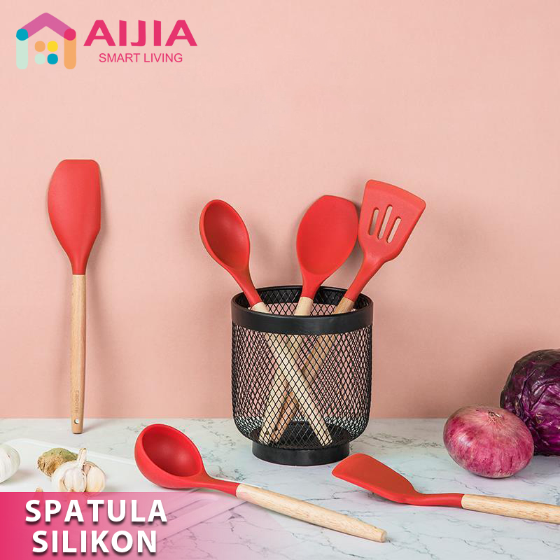 AIJIA Spatula Silikon Tahan Panas | Alat Masak Silikon | Sodet Silikon | Silicon Kitchen Tool Utensil Set T Wooden